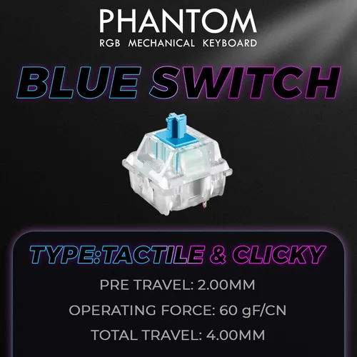 Vista 3 de TECWARE Teclado mecánico para juegos Phantom de 87 teclas RGB Interruptor azul Outemu Iluminación LED de color de 16.8 M 18 preestablecidos Baja