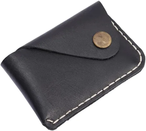 Vista 6 de Cartera de cuero genuino minimalista hecha a mano con tarjetero pequeño en bolsillo frontal Negro