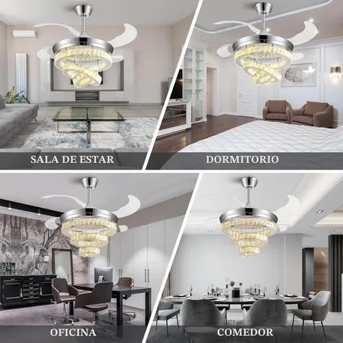 Vista 6 de Ventilador de techo de cristal de 42 pulgadas con luces, moderno ventilador de techo con control remoto, ventilador de techo retráctil invisible