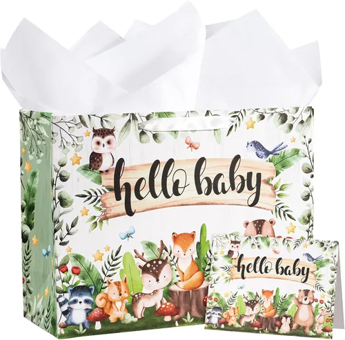 Vista 21 de WRAPAHOLIC Bolsa de regalo grande de 13 pulgadas con tarjeta y papel de seda, adorable bolsa de regalo de elefante para bebé, baby shower, fiesta