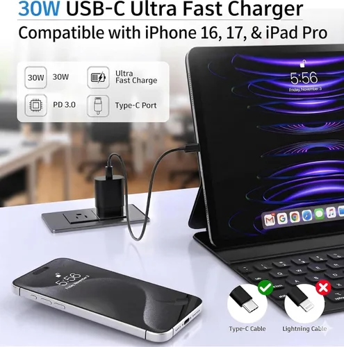 Vista 5 de Cargador USB-C de 30 W de carga súper rápida, adaptador de bloque tipo C, cable de enchufe de pared [6.6 pies + 10 pies] para iPhone 17, 17 Air, 17