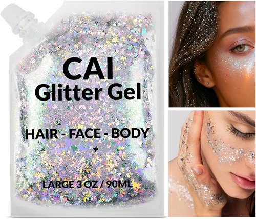 Vista 2 de Gel de purpurina para rostro, cuerpo y cabello, purpurina de Halloween para niños y mujeres, gel de grado cosmético de 3 onzas con luna y estrellas