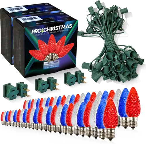 Vista 28 de Pro Christmas - Kit de luces C9 para exteriores, blanco cálido, cable verde, 50 bombillas, 50 pies