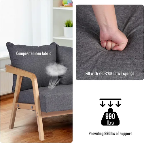 Vista 6 de LUCKYERMORE Sofá moderno de 60 pulgadas, sofá de 3 plazas para espacios pequeños, tapizado con 3 cómodas almohadas, reposabrazos de madera, marco