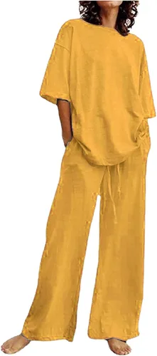 Vista 15 de Conjuntos de verano de 2 piezas para mujer, conjuntos elegantes y casuales de color liso, para verano, otoño, cuello redondo, tops y pantalones