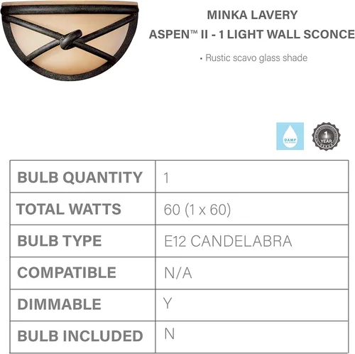 Vista 4 de Minka Lavery 971-138, Aspen II, aplique de pared de 1 luz, bronce Aspen