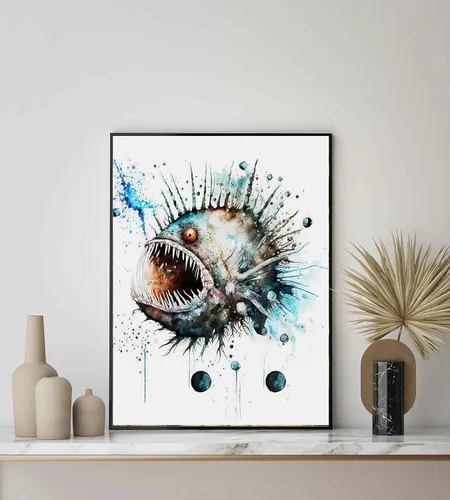 Vista 4 de WIldlife - Póster impreso de pez pescador, impresiones abstractas de animales de acuarela, obras de arte de naturaleza para sala de estar