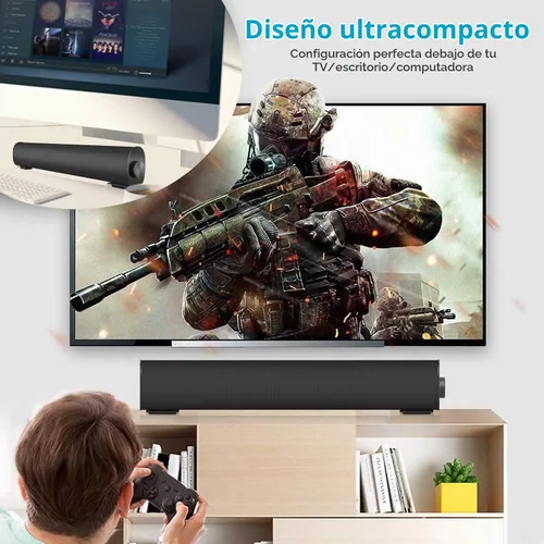 Vista 2 de Barra de Sonido Portátil para TV/PC, Altavoz Bluetooth 5.0 con Cable e Inalámbrico para Interiores y Exteriores con Control Remoto y Cable Coaxial
