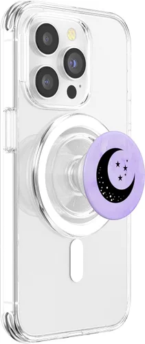 Vista 4 de Luna creciente con estrellas sobre fondo morado PopSockets MagSafe PopGrip para iPhone
