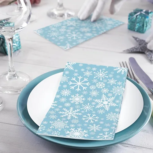 Vista 6 de Servilletas de papel desechables de 3 capas de copos de nieve de color azul cielo, servilletas de papel desechables para cena, suministros de fiesta