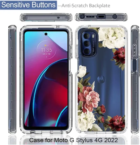 Vista 5 de XT2211 - Funda para Moto G Stylus 2022 4G, funda con protector de pantalla de vidrio templado, bonito patrón floral transparente, funda protectora