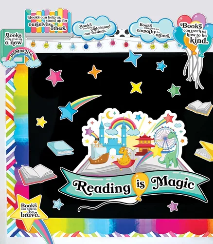Vista 7 de Carson Dellosa - Juego de 53 piezas de Reading is Magic, arco iris retro, globos, libros y recortes de estrellas con citas inspiradoras