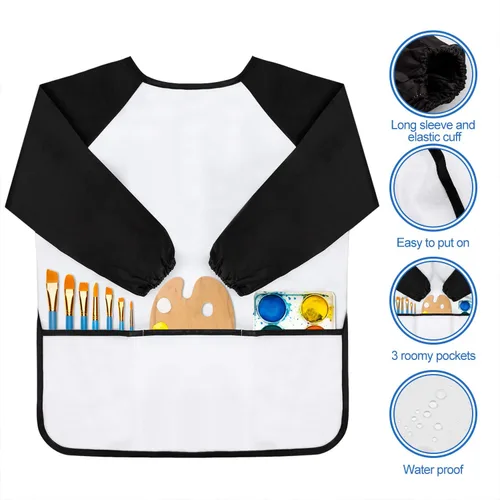 Vista 3 de Batas artísticas para niños, delantal de pintura con manga y 3 bolsillos, juego de 2 unidades, color negro y blanco
