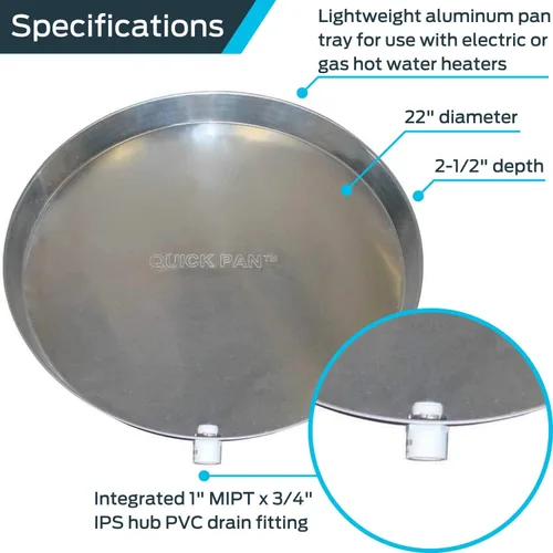 Vista 2 de Holdrite QP-22 Calentador de agua de aluminio QuickPan con accesorio de drenaje de PVC de 1 pulgada, diámetro de 22 pulgadas