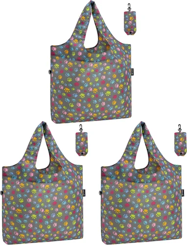 Vista 13 de HOLYLUCK Bolsas de comestibles reutilizables, bolsa de compras plegable resistente (estándar, 3 huellas de patas de perro azules)