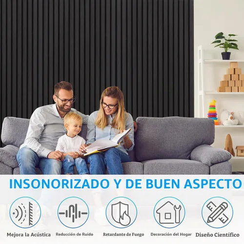 Vista 4 de Paneles de pared acústicos con listones 3D con acento de acabado de madera, paquete de 2 paneles absorbentes de sonido para estudio, oficina, sala