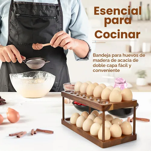 Vista 2 de Sishynio Soporte para huevos de madera de acacia de 2 niveles, estante