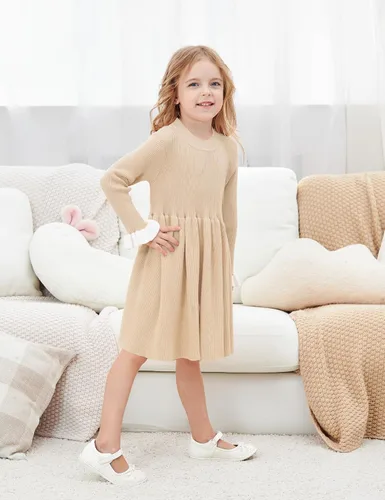 Vista 2 de Glaoly Vestido de manga larga con volantes de color sólido para niñas pequeñas, vestidos de otoño e invierno