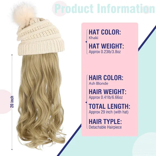 Vista 5 de Gorro Peluca Gorro de Lana con Cabello Extensiones Largas Onduladas Gorro de Punto con Pompón Adjunto de 20" Pieza de Cabello Sintética Removible