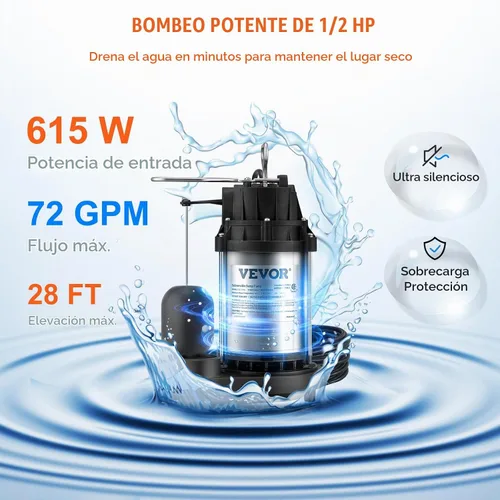 Vista 3 de VEVOR Bomba de sumidero sumergible de 1/2 HP, bomba de sumidero con superficie de acero inoxidable, cable de alimentación de 10 pies, descarga NPT
