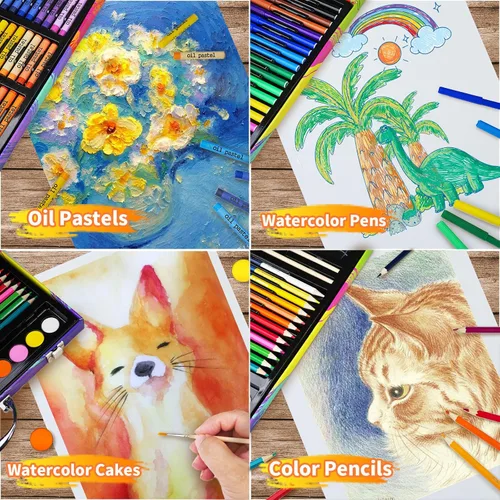 Vista 5 de Cokiki Kit de arte de 184 piezas para niños de 6 a 12 años, juego de dibujo definitivo con pasteles al óleo, crayones, pasteles de acuarela y bloc