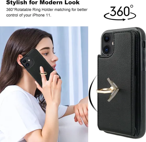 Vista 3 de Folosu Funda compatible con iPhone 11, cartera con tarjetero y rotación de 360°, soporte de anillo de dedo con función atril, bloqueo RFID, piel