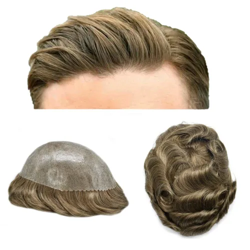 Vista 513 de Toupee para hombre 100% cabello humano real tupé para hombres 0.004 in piel de poliuretano para hombre, sistema de reemplazo de piezas de pelo