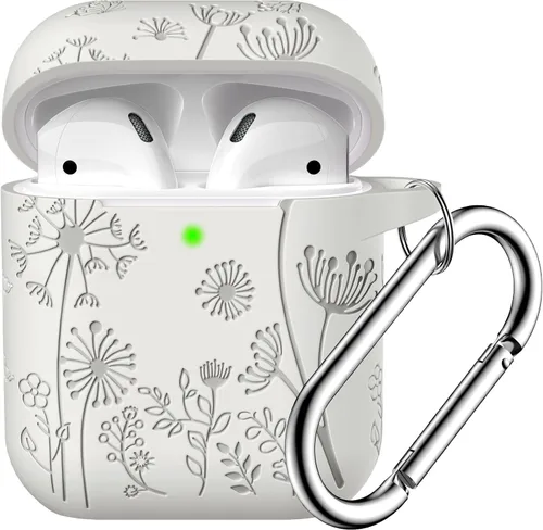 Vista 18 de Lerobo - Funda con grabado de flores para carcasa de AirPod, protector de silicona suave y elegante con llavero compatible con carcasa de carga