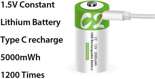 Vista 3 de Baterías C recargables de 1.5 V, 5000 mWh, batería recargable de iones de litio USB C con cable de carga USB tipo C, carga rápida de alta capacidad