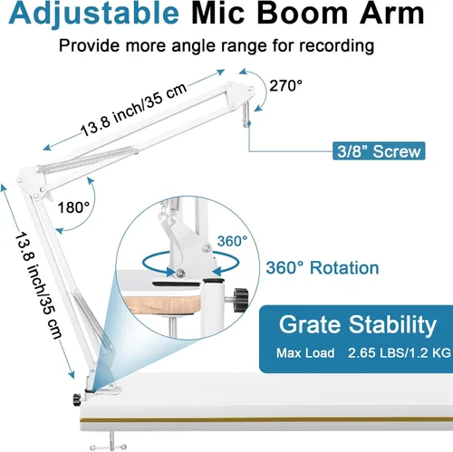 Vista 3 de Brazo de boom blanco para Hyperx Quadcast S, soporte de micrófono Hyperx Quadcast blanco ajustable compatible con Hyperx Quadcast con filtro pop