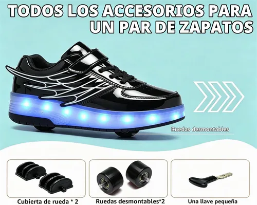 Vista 2 de Zapatos de patinaje LED para niños y niñas, tenis con ruedas desmontables y recargables intermitentes Negro