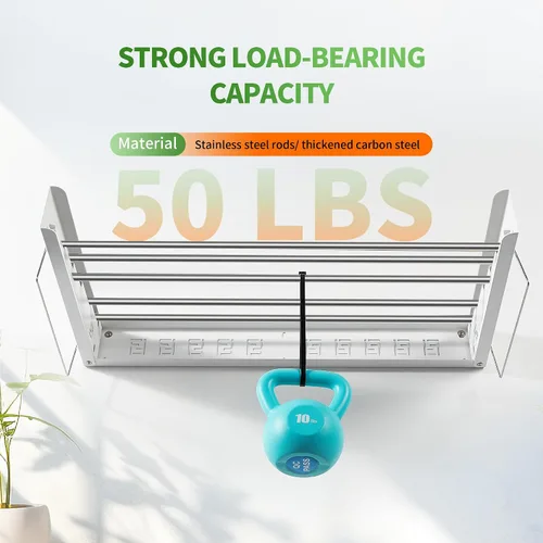 Vista 5 de Heshecein - Tendedero plegable para colgar en la pared, 5 varillas de acero inoxidable, estante plegable para ropa y toallas para interiores