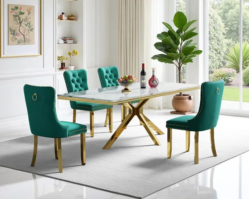 Vista 13 de Juego de mesa de comedor de mármol para 6, mesa de cocina rectangular de mármol blanco de 68 pulgadas con patas en X de acero inoxidable dorado