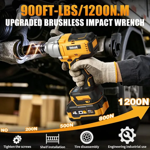Vista 2 de Llave de impacto inalámbrica, 900 pies-libra (1200 N.m) pistola de impacto sin escobillas de 1/2" con batería 2x 4.0Ah, cargador rápido y 6 dados