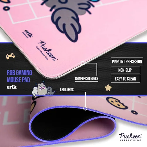 Vista 5 de Erik - Alfombrilla de mouse para juegos Pusheen XXL RGB oficial Alfombrilla de mouse LED 35.433 x 15.748 x 0.157 in Base de goma antideslizante