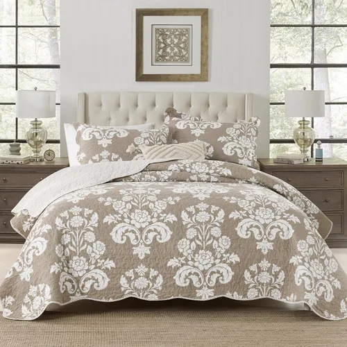 Vista 25 de Juego de edredón 100% algodón tamaño Queen de 3 piezas, edredón floral de damasco con 2 fundas, colcha acolchada floral vintage, ropa de cama ligera