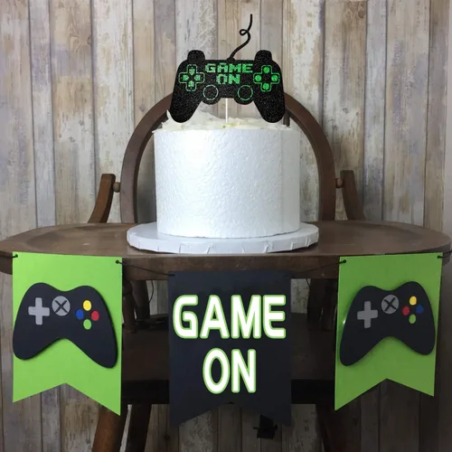 Vista 7 de Game On Big Cake Topper – Controlador de videojuegos dorado negro y verde para decoración de pasteles para niños y niños, suministros de fiesta