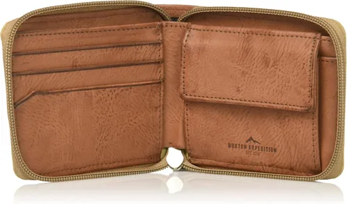 Vista 4 de Buxton Expedition II Huntington Cartera de lona con bloqueo RFID y cremallera para hombre, Beige Bronceado