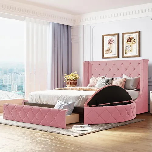 Vista 10 de Bellemave Cama de plataforma tapizada de terciopelo con almacenamiento, marco de cama tamaño Queen con cabecero, 1 cajón grande y 2 taburetes