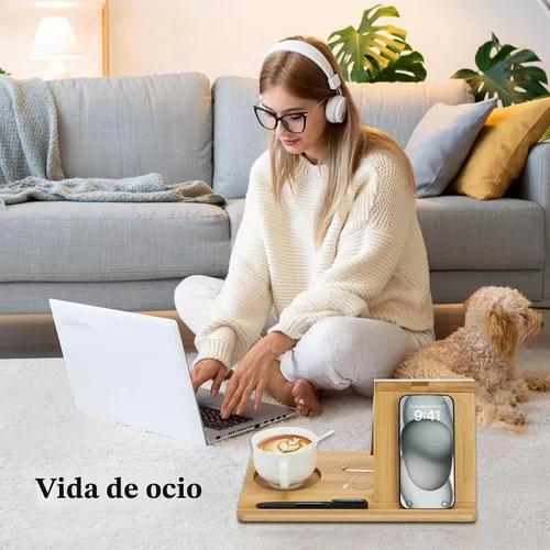 Vista 8 de Soporte para Libros de Bambú, Soporte Triangular para Libros con Marco de Imagen Acrílico, Descanso para Libros con Portavasos, Soporte para Tableta