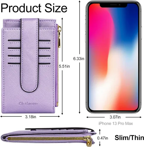 Vista 8 de Chelmon Billetera delgada con bloqueo RFID para mujer, con bolsillo con cremallera, Púrpura claro, Minimalista