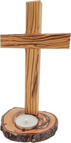 Vista 8 de Mesa de madera de olivo con cruz (8 pulgadas), cruz lisa de madera con base de portavelas