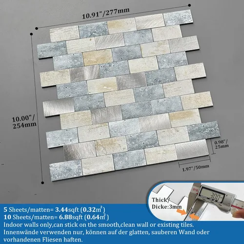 Vista 5 de Azulejos adhesivos de ladrillo para salpicaduras de cocina, azulejos impermeables para salpicaduras de baño (5 hojas, azul gris)