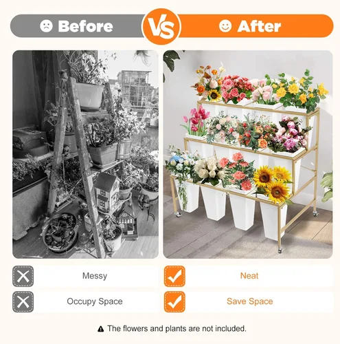 Vista 9 de Soporte de exhibición de flores de 3 niveles con 12 cubos, soporte de metal para plantas con ruedas, estante de exhibición de flores móviles de alta