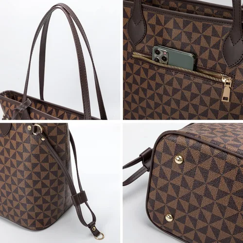 Vista 4 de Bolsos de mano para mujer, bolsos de moda de diseñador con asa superior, 2 piezas, con cartera pequeña (marrón)
