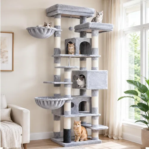 Vista 10 de Hey-brother Árbol de Gato, torre de gato de varios niveles XL de 74 pulgadas para gatos de interior con tres condominios para gatos, dos plataformas