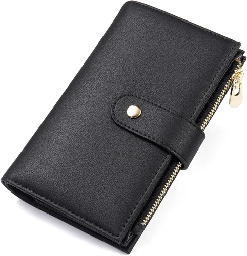 Vista 10 de yiijay Cartera para mujer con bloqueo RFID, de cuero vegano, triple pliegue, tarjetero para tarjetas de crédito, cartera de viaje con soporte