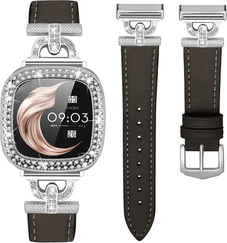 Vista 12 de Correa de cuero compatible con Fitbit Sense 2/Versa 4 para mujeres, elegante correa de cuero con hebilla metálica en forma de D con strass con funda
