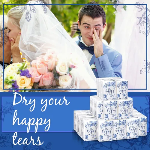 Vista 7 de Spiareal 50 pañuelos azules con diseño de lágrimas felices para boda, 3 capas para tus lágrimas felices, pañuelos de boda para invitados, papel