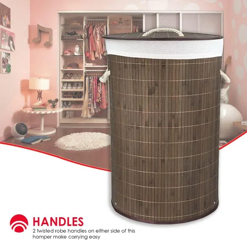Vista 3 de Home Basics Cesta plegable de bambú para lavandería (redonda, marrón)